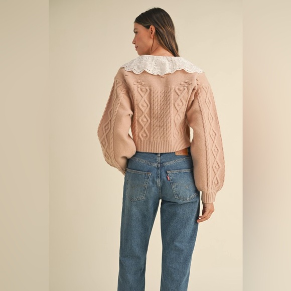 80B. Eyelet Collar Cable Knit Cardigan - Rose - Picture 5 of 12